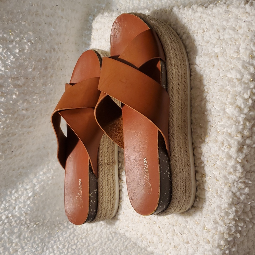 Glisten Camel Color Leather Espadrille Platform Sandals Size 8.5 - Picture 3 of 10
